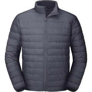 Mens Dark Gray Stand-Up Collar Water Resistant Outerwear Quilted Puffer Jacket